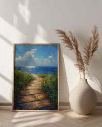 Wooden Boardwalk Lake Art Print, Green Summer Grass Decor - Hidden Blue Water View
