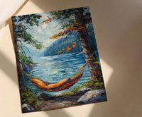 Colorful Hammock Pine Wall Art, Cozy Summer Forest Decor - Bright Blue Lake Scene