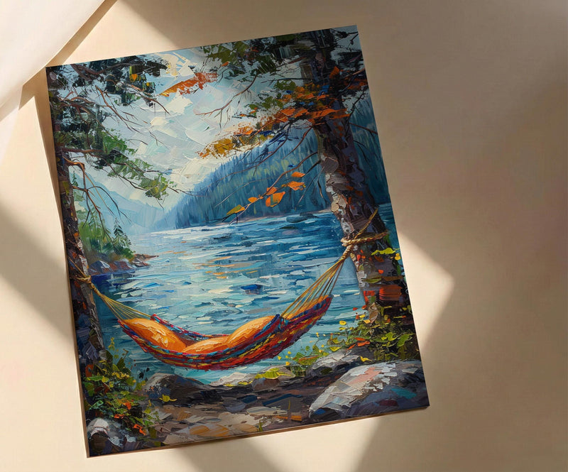 Colorful Hammock Pine Wall Art, Cozy Summer Forest Decor - Bright Blue Lake Scene