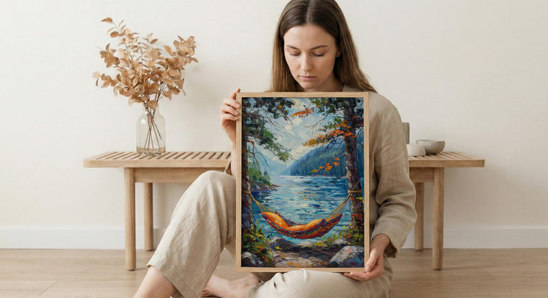 Colorful Hammock Pine Wall Art, Cozy Summer Forest Decor - Bright Blue Lake Scene