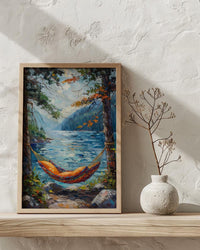 Colorful Hammock Pine Wall Art, Cozy Summer Forest Decor - Bright Blue Lake Scene