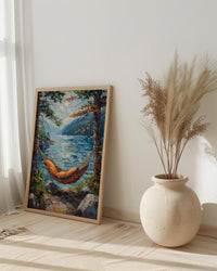Colorful Hammock Pine Wall Art, Cozy Summer Forest Decor - Bright Blue Lake Scene