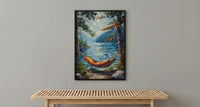 Colorful Hammock Pine Wall Art, Cozy Summer Forest Decor - Bright Blue Lake Scene