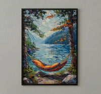 Colorful Hammock Pine Wall Art, Cozy Summer Forest Decor - Bright Blue Lake Scene