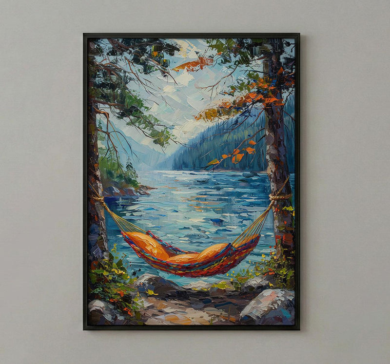 Colorful Hammock Pine Wall Art, Cozy Summer Forest Decor - Bright Blue Lake Scene