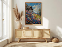 Wild Berry Bush Cabin Poster, Vibrant Summer Nature Decor - Red Blue Fruit Landscape