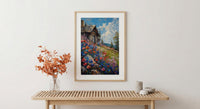 Wild Berry Bush Cabin Poster, Vibrant Summer Nature Decor - Red Blue Fruit Landscape