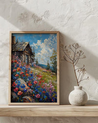 Wild Berry Bush Cabin Poster, Vibrant Summer Nature Decor - Red Blue Fruit Landscape