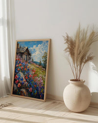 Wild Berry Bush Cabin Poster, Vibrant Summer Nature Decor - Red Blue Fruit Landscape