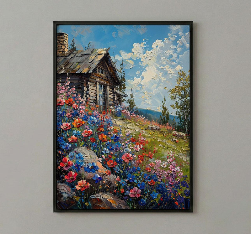 Wild Berry Bush Cabin Poster, Vibrant Summer Nature Decor - Red Blue Fruit Landscape