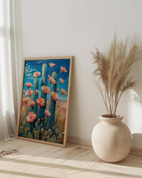 Saguaro Cactus Desert Art Print, Arizona Boho Nature Decor - Pink Summer Flower Bloom