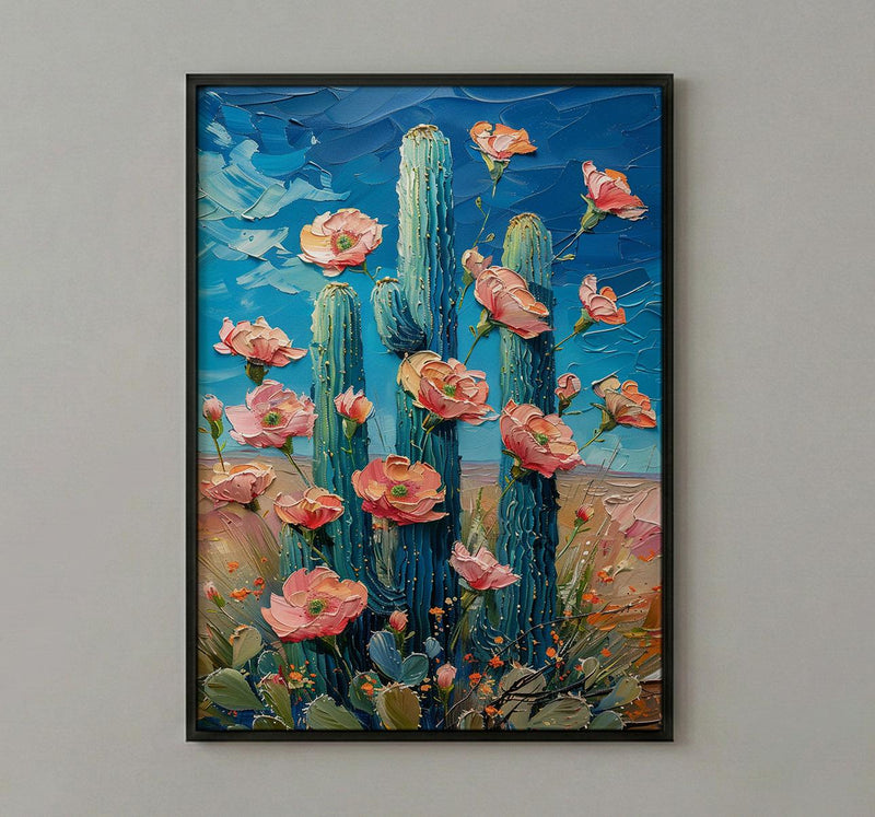 Saguaro Cactus Desert Art Print, Arizona Boho Nature Decor - Pink Summer Flower Bloom