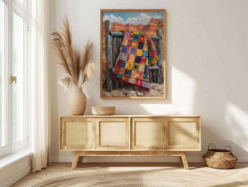 Navajo Blanket Desert Wall Art, Boho Southwestern Room Decor - Colorful Geometric Summer View