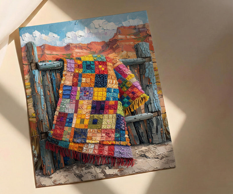Navajo Blanket Desert Wall Art, Boho Southwestern Room Decor - Colorful Geometric Summer View