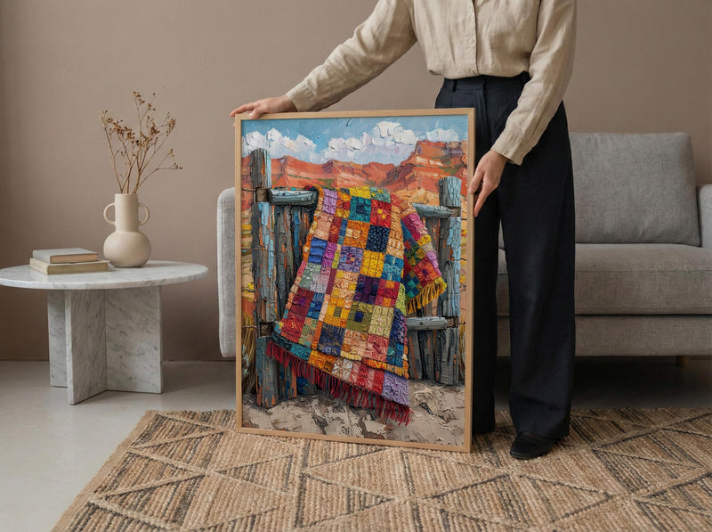 Navajo Blanket Desert Wall Art, Boho Southwestern Room Decor - Colorful Geometric Summer View