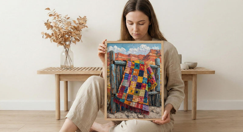 Navajo Blanket Desert Wall Art, Boho Southwestern Room Decor - Colorful Geometric Summer View