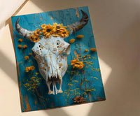 Cow Skull Desert Art Print, Boho Southwestern Wall Decor - Yellow Wildflower Summer Scene