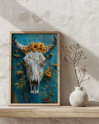 Cow Skull Desert Art Print, Boho Southwestern Wall Decor - Yellow Wildflower Summer Scene