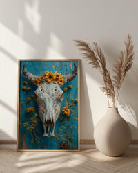 Cow Skull Desert Art Print, Boho Southwestern Wall Decor - Yellow Wildflower Summer Scene
