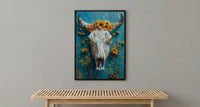 Cow Skull Desert Art Print, Boho Southwestern Wall Decor - Yellow Wildflower Summer Scene