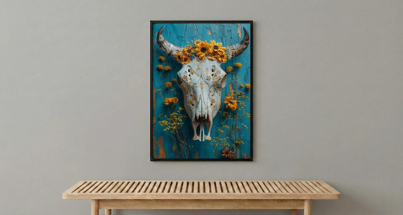 Cow Skull Desert Art Print, Boho Southwestern Wall Decor - Yellow Wildflower Summer Scene