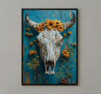 Cow Skull Desert Art Print, Boho Southwestern Wall Decor - Yellow Wildflower Summer Scene
