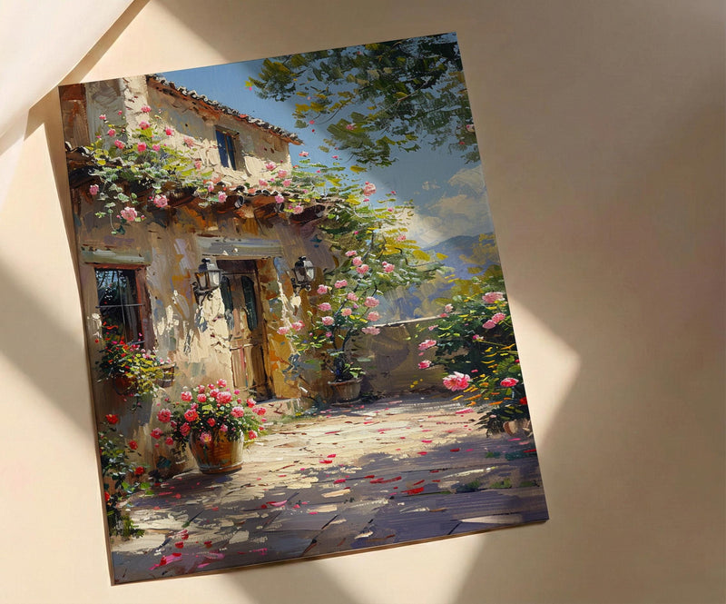 Adobe Courtyard Desert Wall Art, New Mexico Travel Decor - Dramatic Summer Sun Shadow