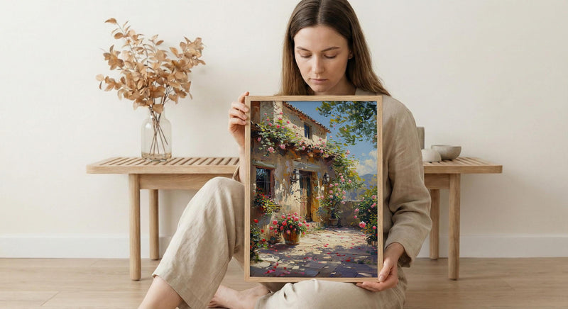 Adobe Courtyard Desert Wall Art, New Mexico Travel Decor - Dramatic Summer Sun Shadow
