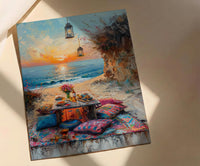 Boho Desert Picnic Poster, Colorful Summer Sunset Room Decor - Vibrant Rug Golden Sand
