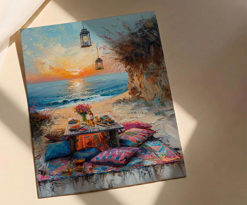 Boho Desert Picnic Poster, Colorful Summer Sunset Room Decor - Vibrant Rug Golden Sand