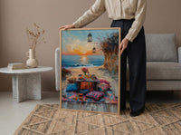 Boho Desert Picnic Poster, Colorful Summer Sunset Room Decor - Vibrant Rug Golden Sand