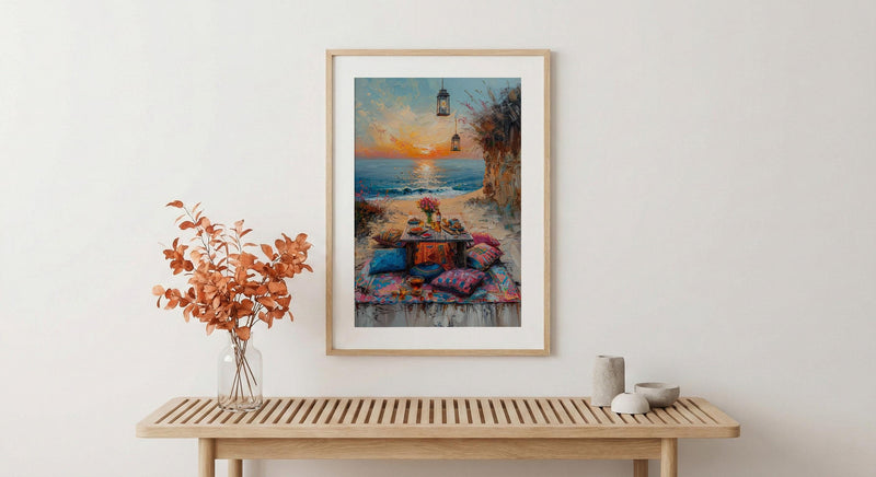 Boho Desert Picnic Poster, Colorful Summer Sunset Room Decor - Vibrant Rug Golden Sand
