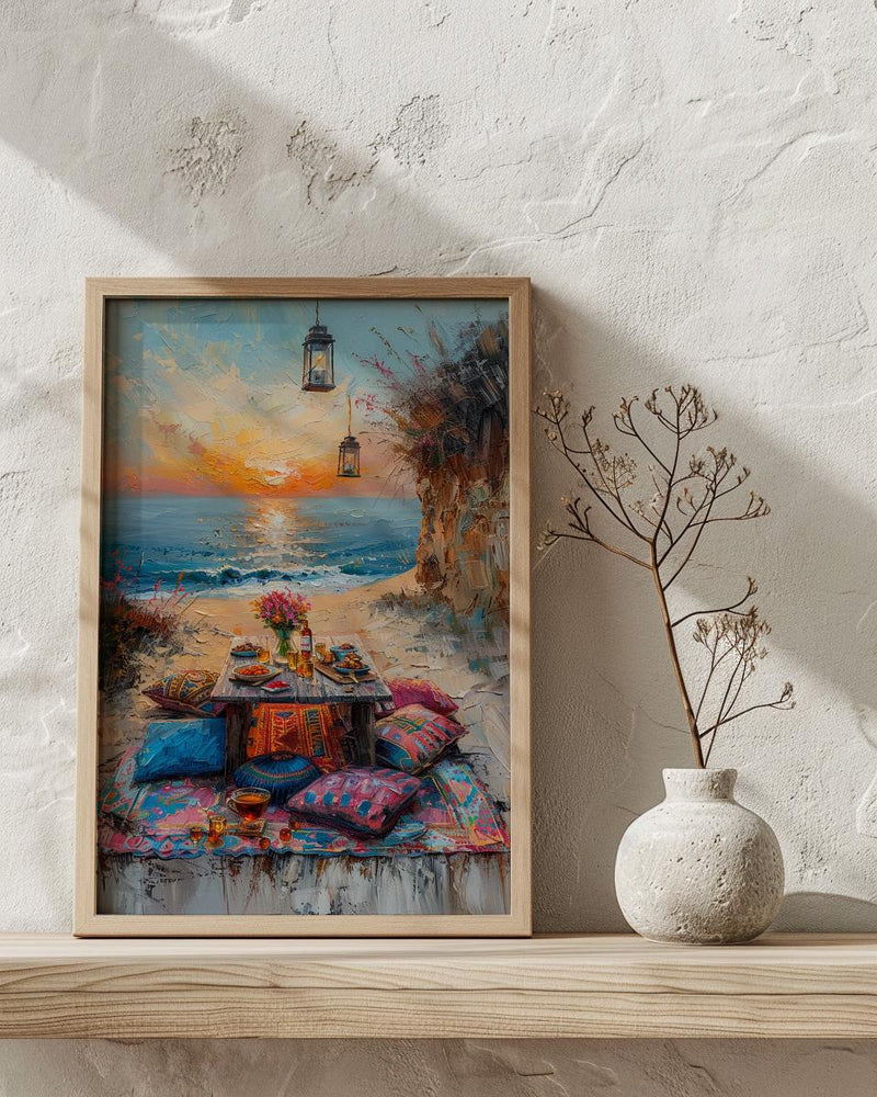 Boho Desert Picnic Poster, Colorful Summer Sunset Room Decor - Vibrant Rug Golden Sand