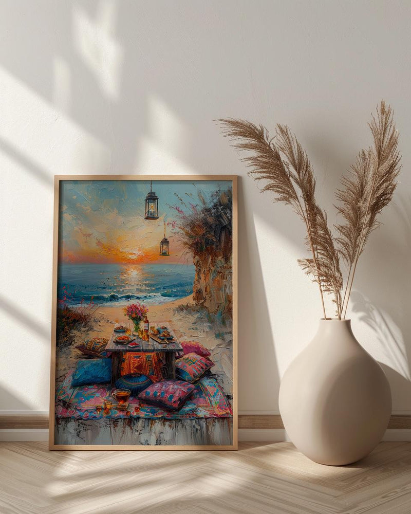 Boho Desert Picnic Poster, Colorful Summer Sunset Room Decor - Vibrant Rug Golden Sand