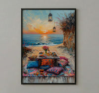 Boho Desert Picnic Poster, Colorful Summer Sunset Room Decor - Vibrant Rug Golden Sand