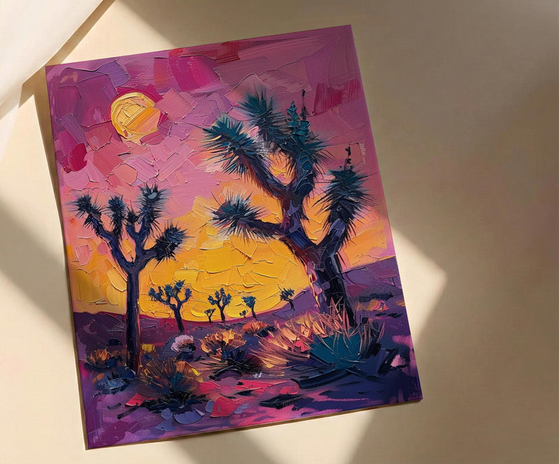 Joshua Tree Sunset Art Print, California Desert Nature Decor - Pastel Pink Purple Sky