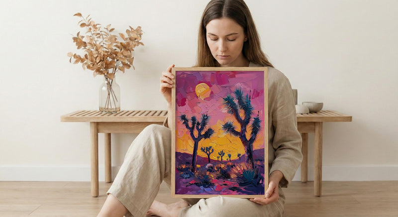 Joshua Tree Sunset Art Print, California Desert Nature Decor - Pastel Pink Purple Sky