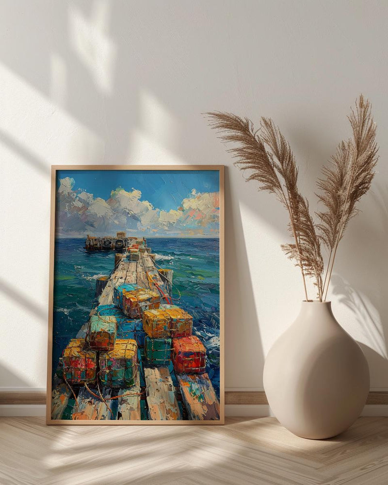 Lobster Trap Coastal Art Print, Maine Pier Nautical Decor - Colorful Buoy Summer Ocean