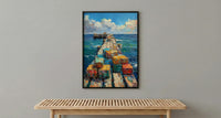 Lobster Trap Coastal Art Print, Maine Pier Nautical Decor - Colorful Buoy Summer Ocean