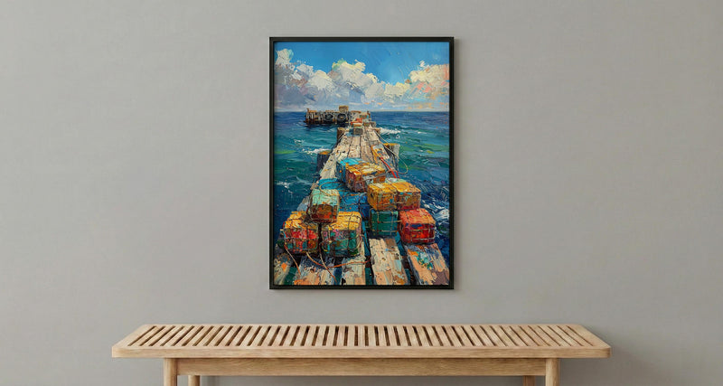 Lobster Trap Coastal Art Print, Maine Pier Nautical Decor - Colorful Buoy Summer Ocean