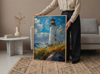 Lighthouse Seagrass Beach Wall Art, Classic Coastal Ocean Decor - White Tower Summer Wind