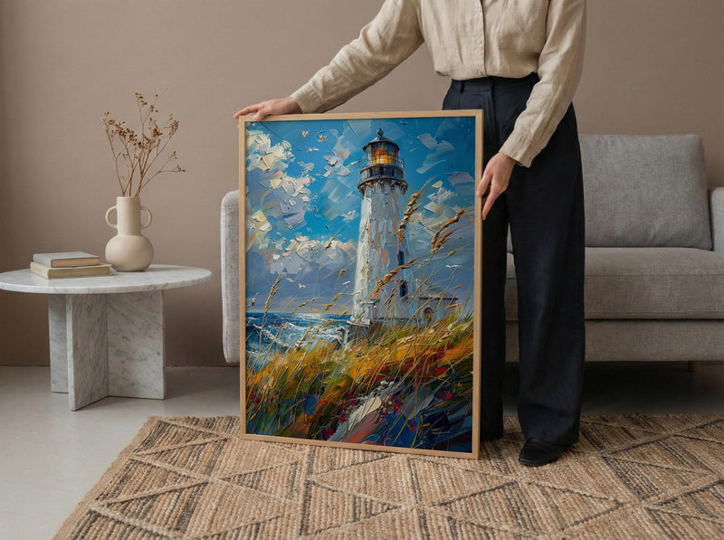 Lighthouse Seagrass Beach Wall Art, Classic Coastal Ocean Decor - White Tower Summer Wind