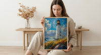 Lighthouse Seagrass Beach Wall Art, Classic Coastal Ocean Decor - White Tower Summer Wind