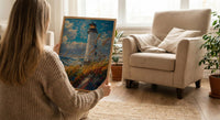 Lighthouse Seagrass Beach Wall Art, Classic Coastal Ocean Decor - White Tower Summer Wind