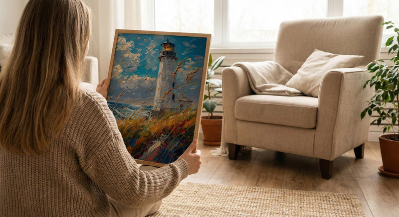 Lighthouse Seagrass Beach Wall Art, Classic Coastal Ocean Decor - White Tower Summer Wind
