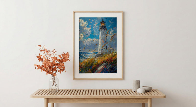 Lighthouse Seagrass Beach Wall Art, Classic Coastal Ocean Decor - White Tower Summer Wind