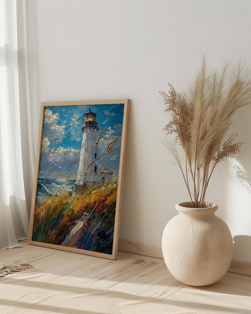 Lighthouse Seagrass Beach Wall Art, Classic Coastal Ocean Decor - White Tower Summer Wind