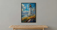 Lighthouse Seagrass Beach Wall Art, Classic Coastal Ocean Decor - White Tower Summer Wind
