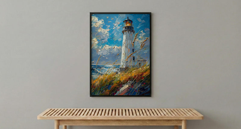 Lighthouse Seagrass Beach Wall Art, Classic Coastal Ocean Decor - White Tower Summer Wind