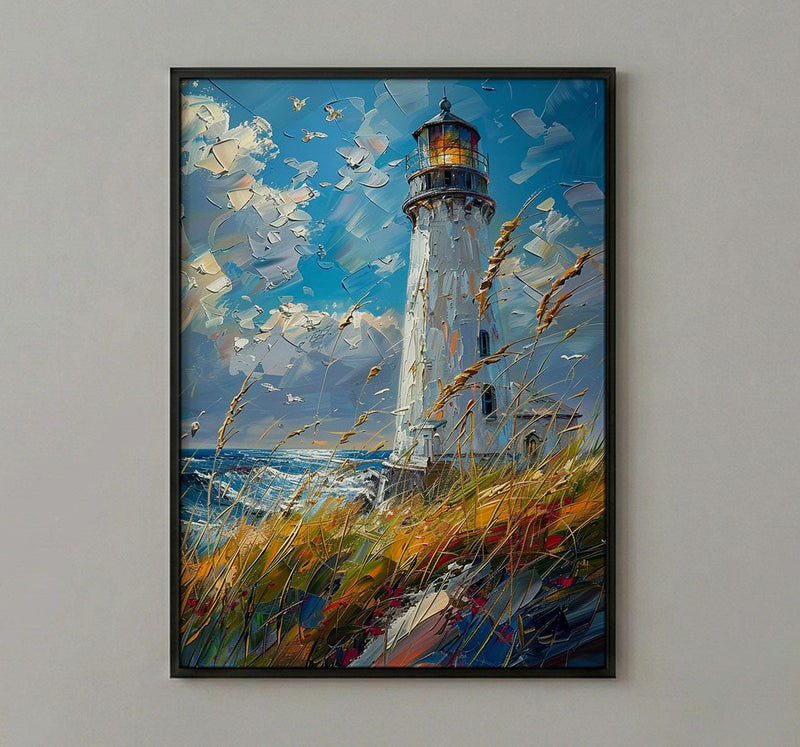 Lighthouse Seagrass Beach Wall Art, Classic Coastal Ocean Decor - White Tower Summer Wind